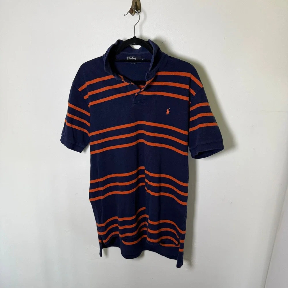 Polo Ralph Lauren Mens XL Polo Shirt Navy Blue‎ Orange Striped Short Sleeve Golf